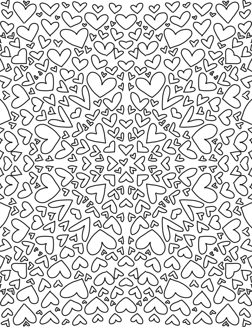 Heart pattern coloring page: students color dozens of hand-drawn hearts of many sizes arranged in a radiating design