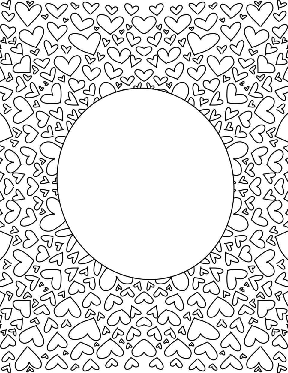 Radiating heart coloring page with a blank circle in the middle where students can write their own lettered word or quote