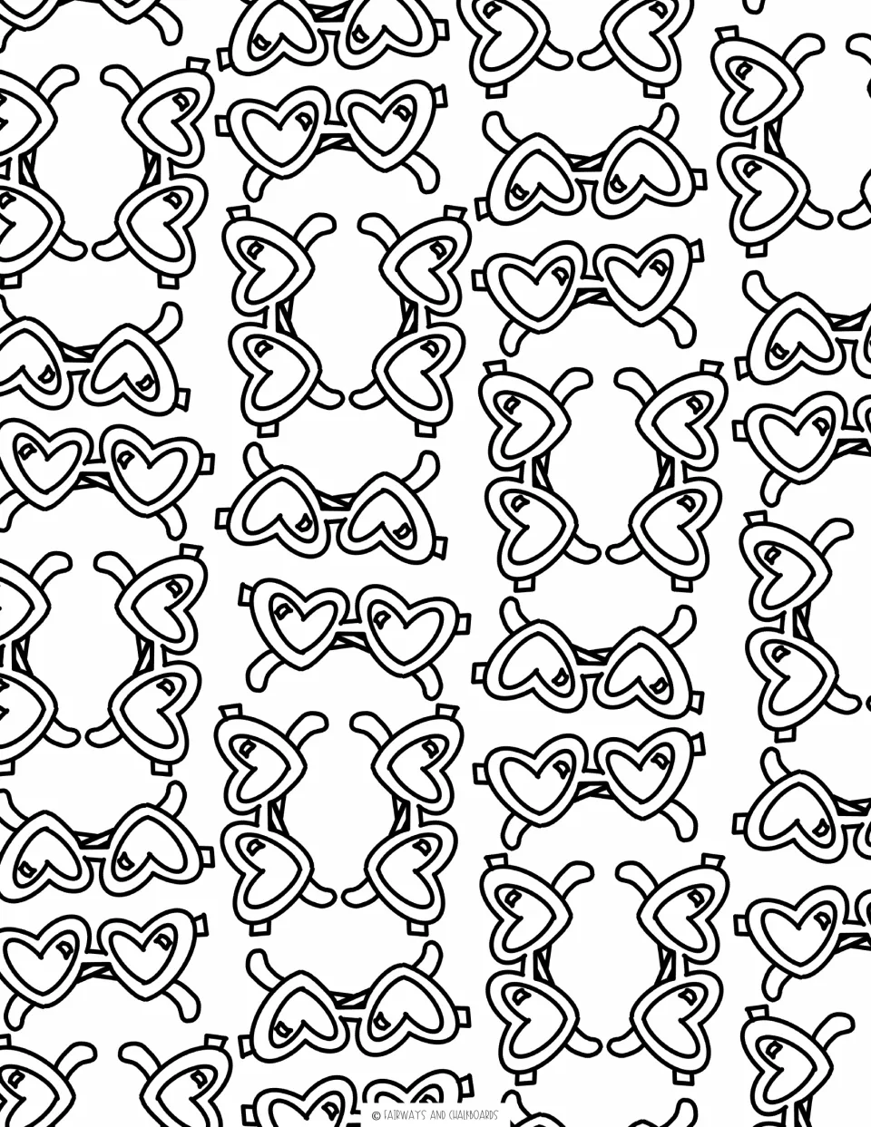 Heart-shaped sunglasses pattern: students color a full page of repeating heart sunglasses outlines, with no lettering