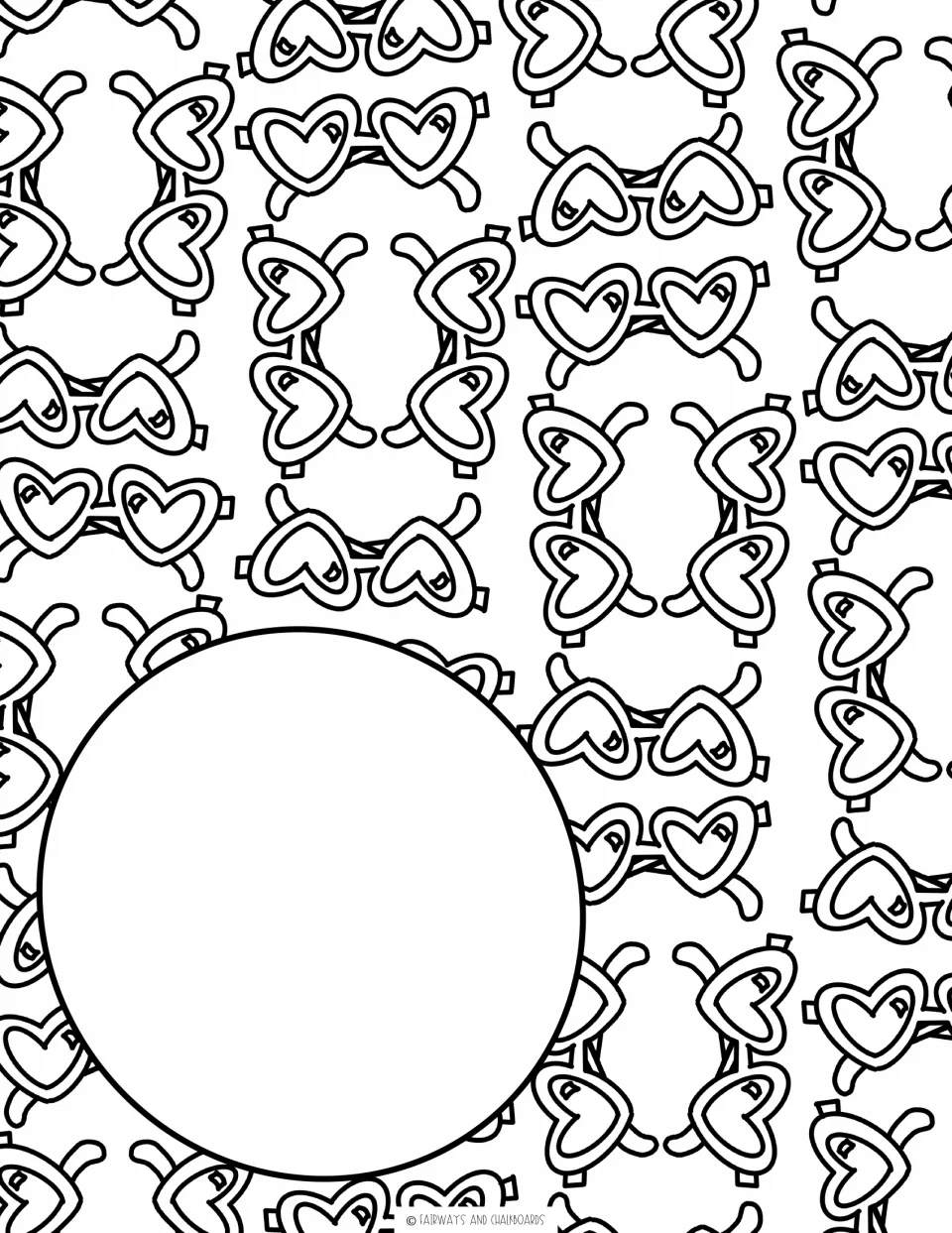 Heart sunglasses pattern with an empty circle at lower left where students add their own hand-lettered word or phrase