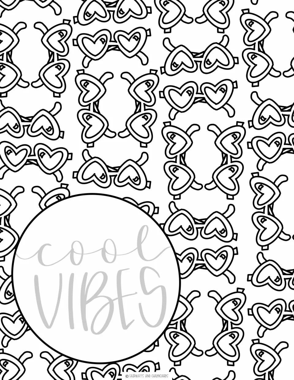 Cool Vibes hand lettering in gray inside a circle over heart sunglasses; students trace the letters, then color the page