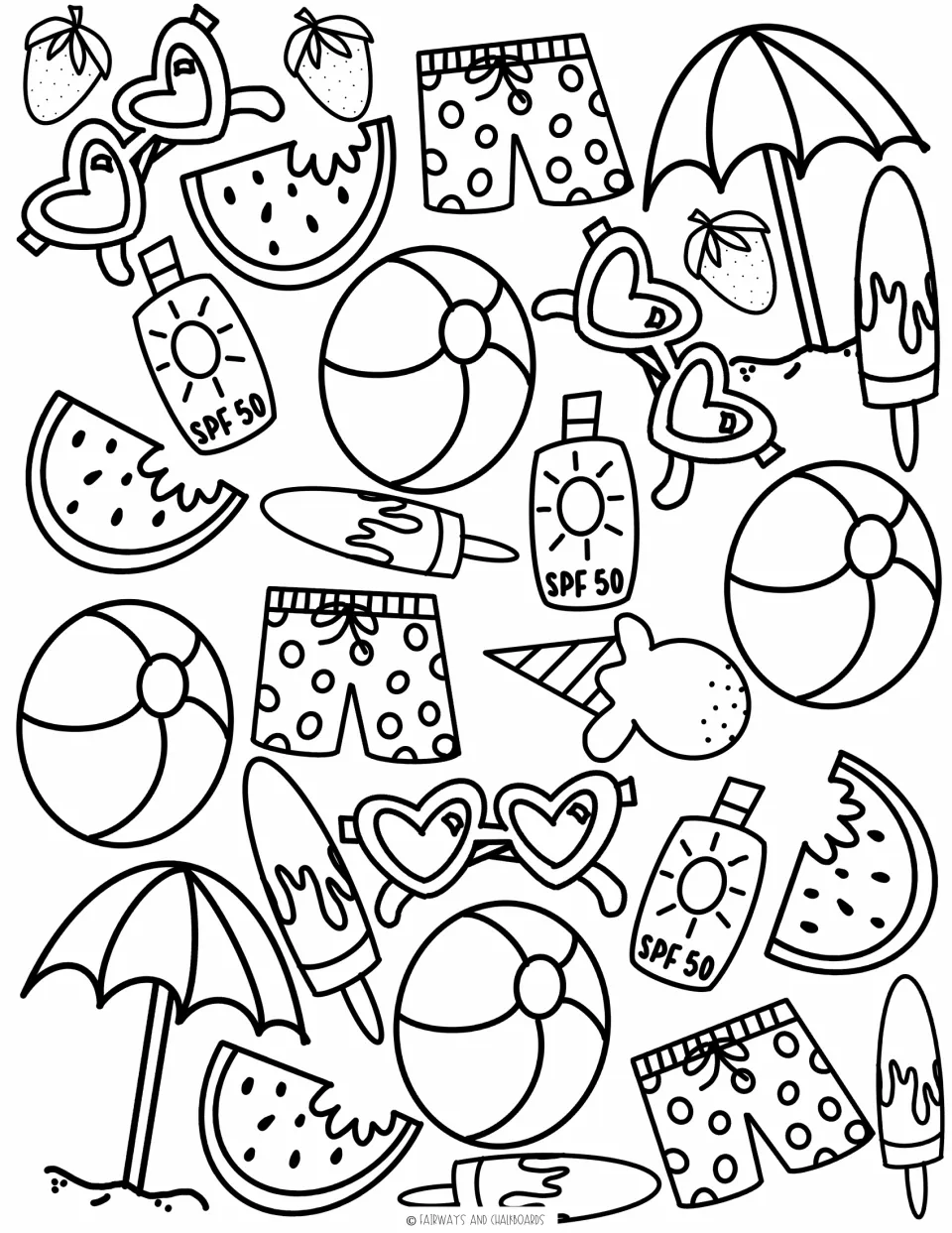 Beach doodles to color: beach balls, SPF 50 sunscreen, watermelon slices, swim trunks, umbrellas, popsicles and sunglasses