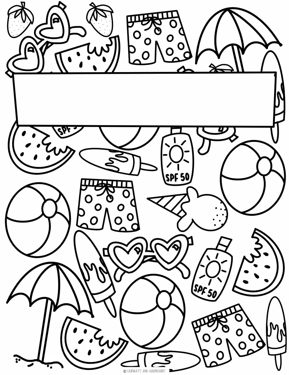 Beach doodles with an empty banner across the top for students to letter a summer saying, then color the beach items