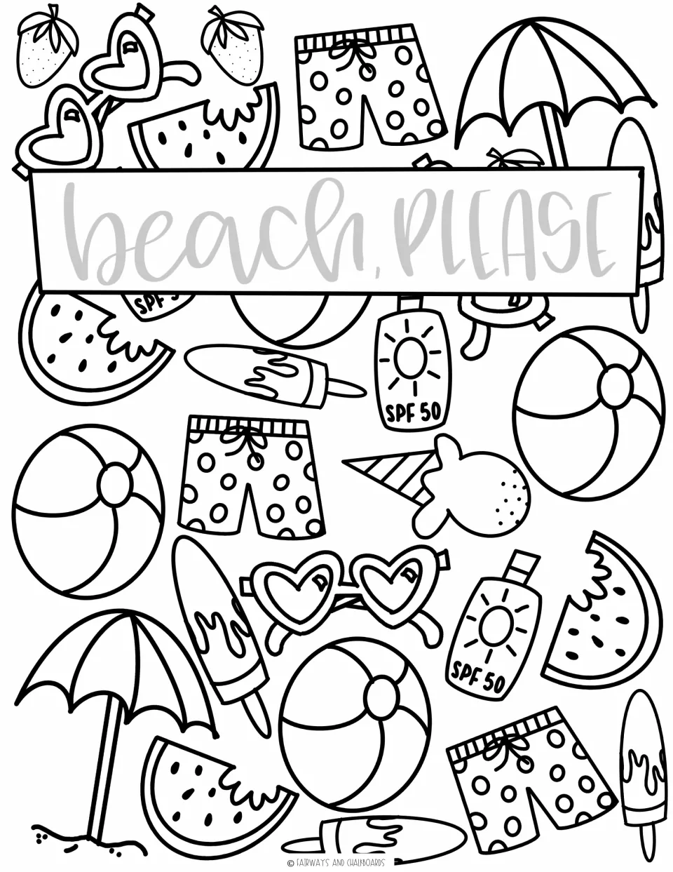Beach, Please lettering in gray on a top banner over beach doodles; students trace the phrase and color the beach items