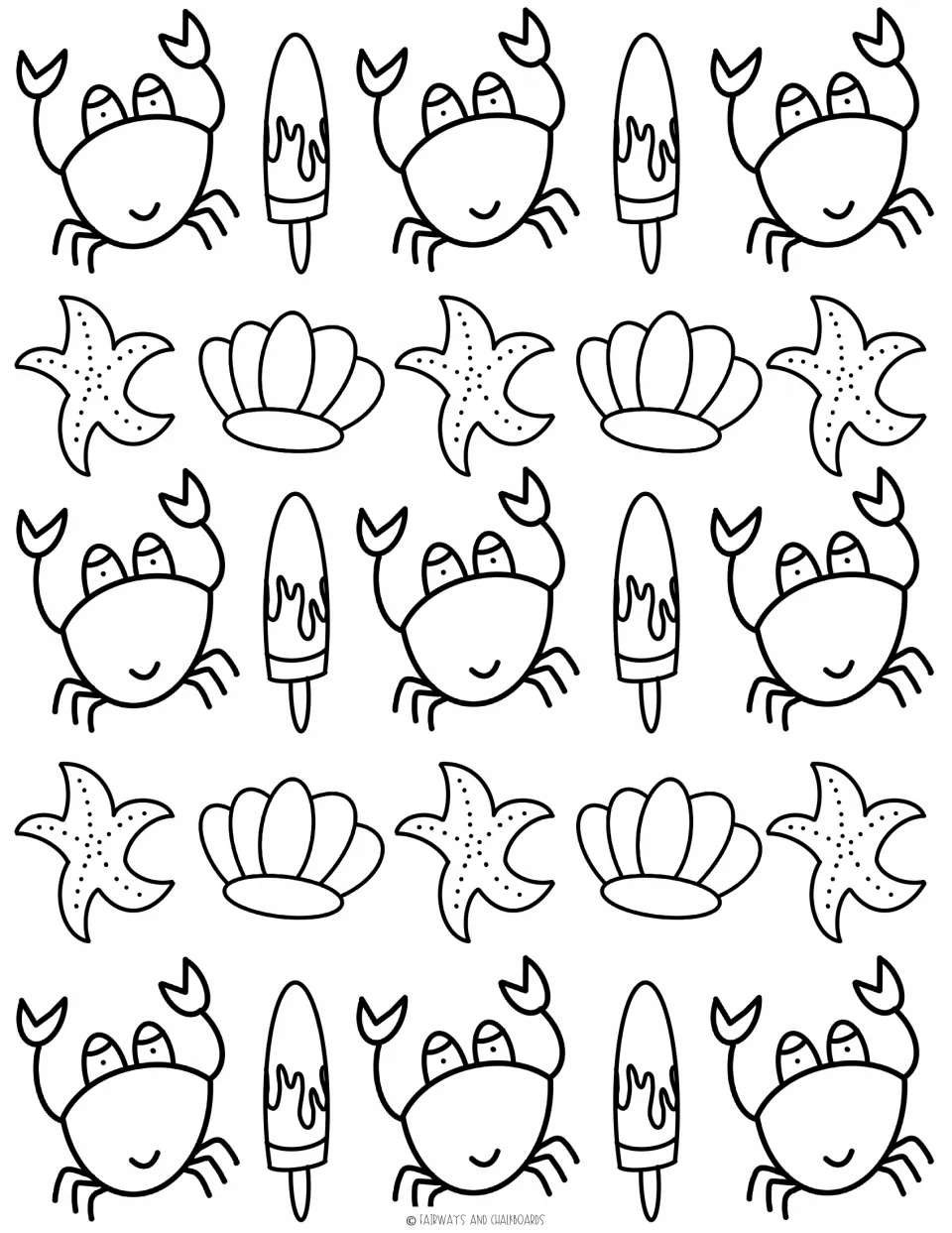 Seaside pattern to color: rows of smiling crabs, popsicles, starfish and scallop shells repeated across the page