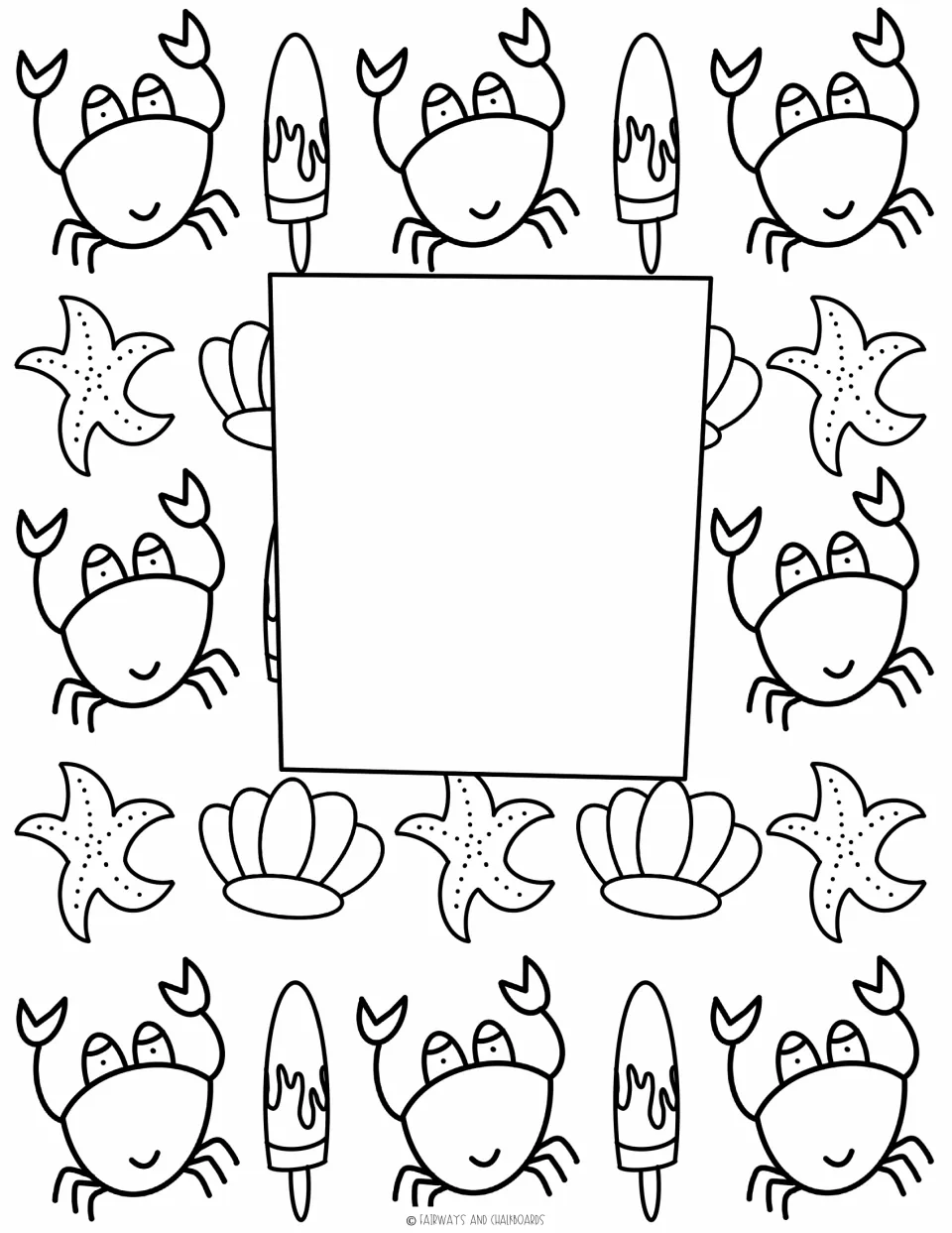 Crabs, starfish, shells and popsicles surround an empty center rectangle where students hand-letter their own summer words