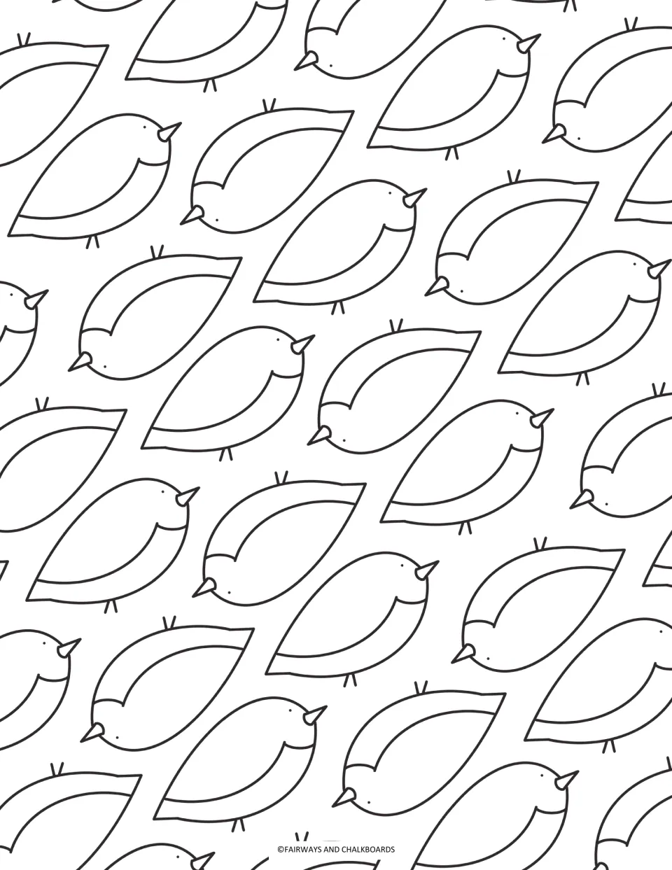 Spring birds coloring page: students color a repeating pattern of doodle birds with beaks, wing curves and tiny feet