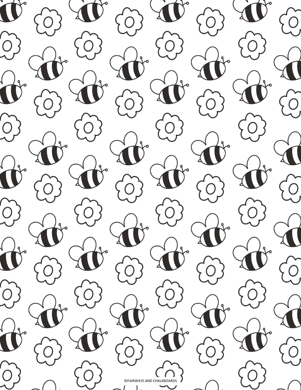 Bees and flowers coloring page: students color rows of striped bumblebees alternating with scalloped flowers