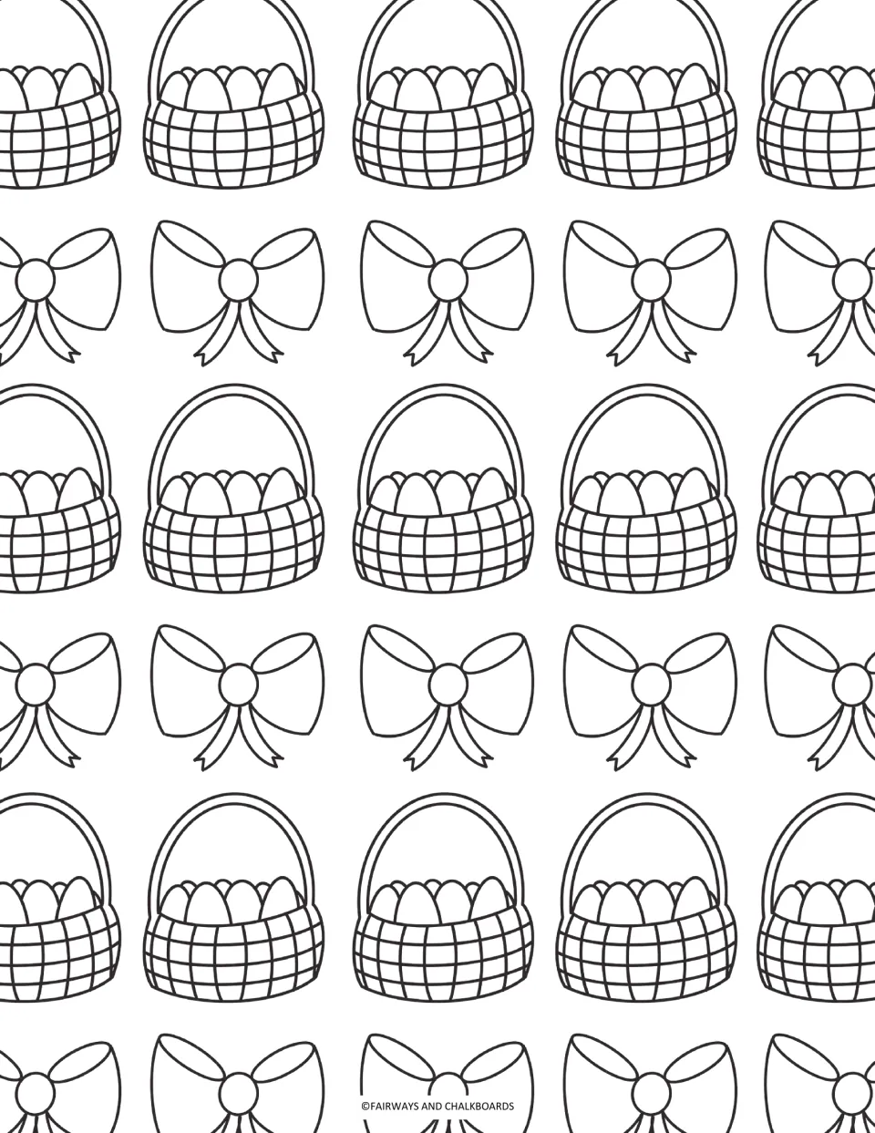 Easter baskets and bows coloring page: students color woven baskets filled with eggs, alternating with ribbon bows