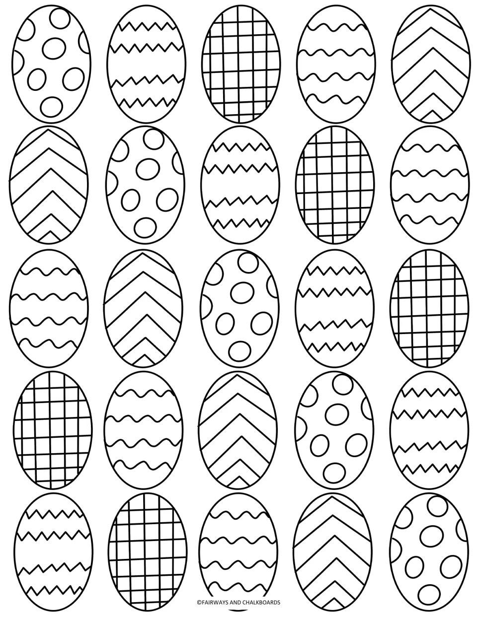 Easter eggs coloring page: students color 25 decorated eggs patterned with dots, zigzags, waves, chevrons and checks
