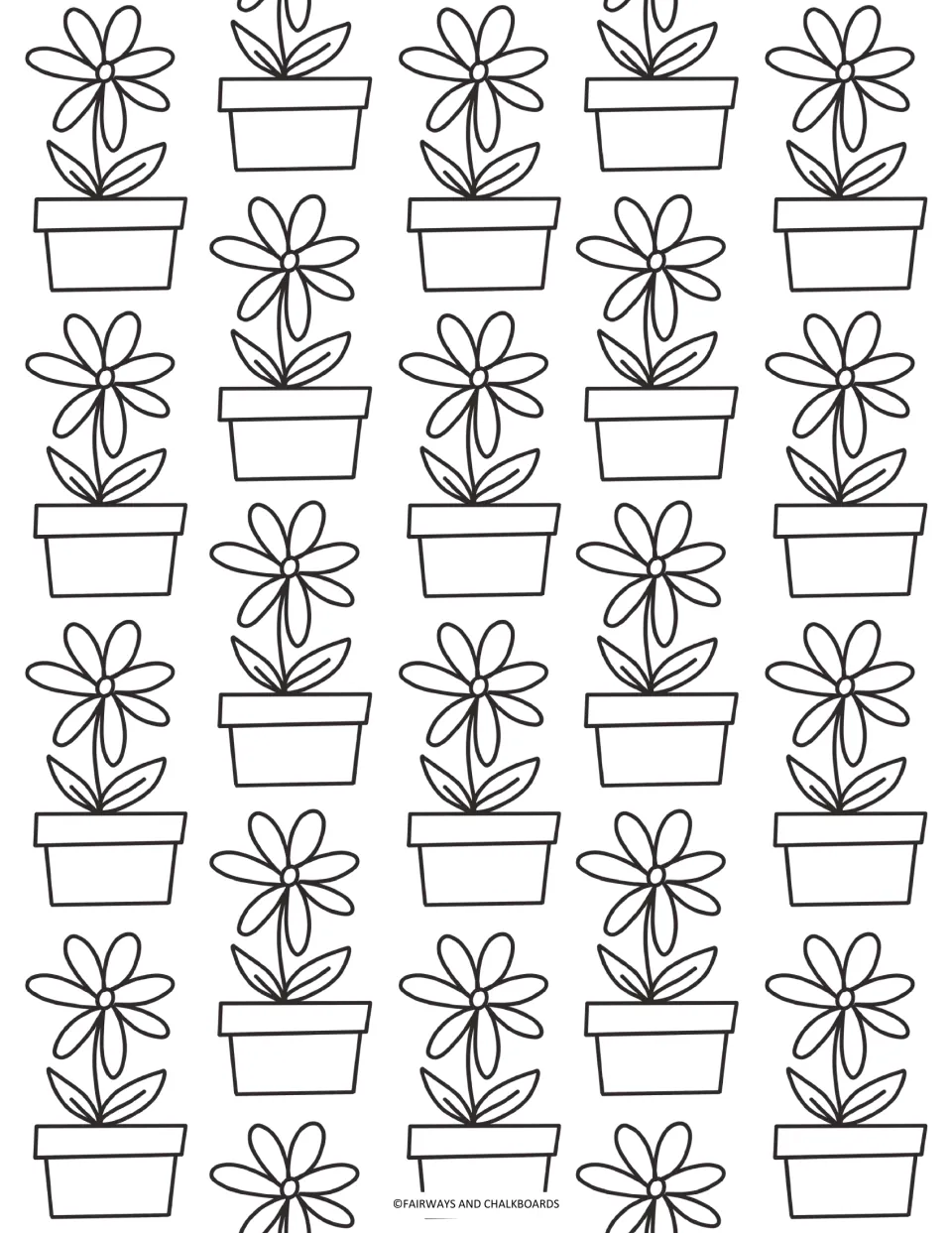 Potted flowers coloring page: students color rows of daisy-like flowers with two leaves, each growing in a flowerpot