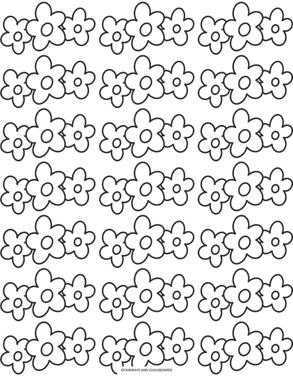 Flower clusters coloring page: students color rows of three joined doodle blossoms, each with a round center