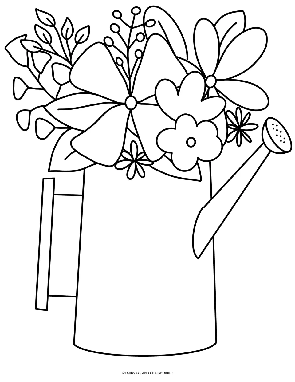Watering can bouquet coloring page: students color one large watering can holding big blossoms, berry sprigs and leaves
