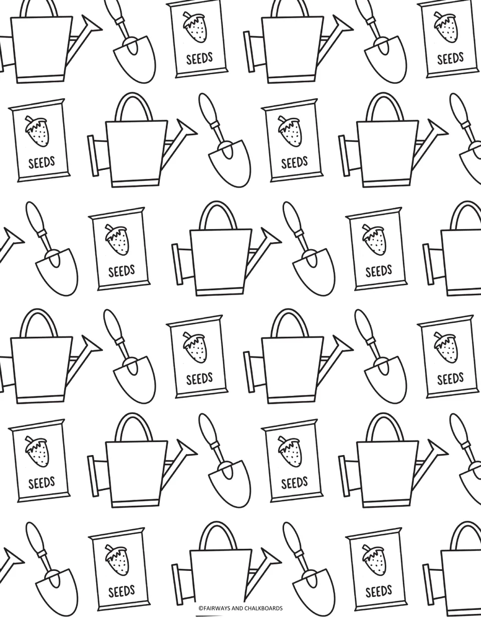 Gardening coloring page: students color watering cans, hand trowels and strawberry seed packets labeled SEEDS