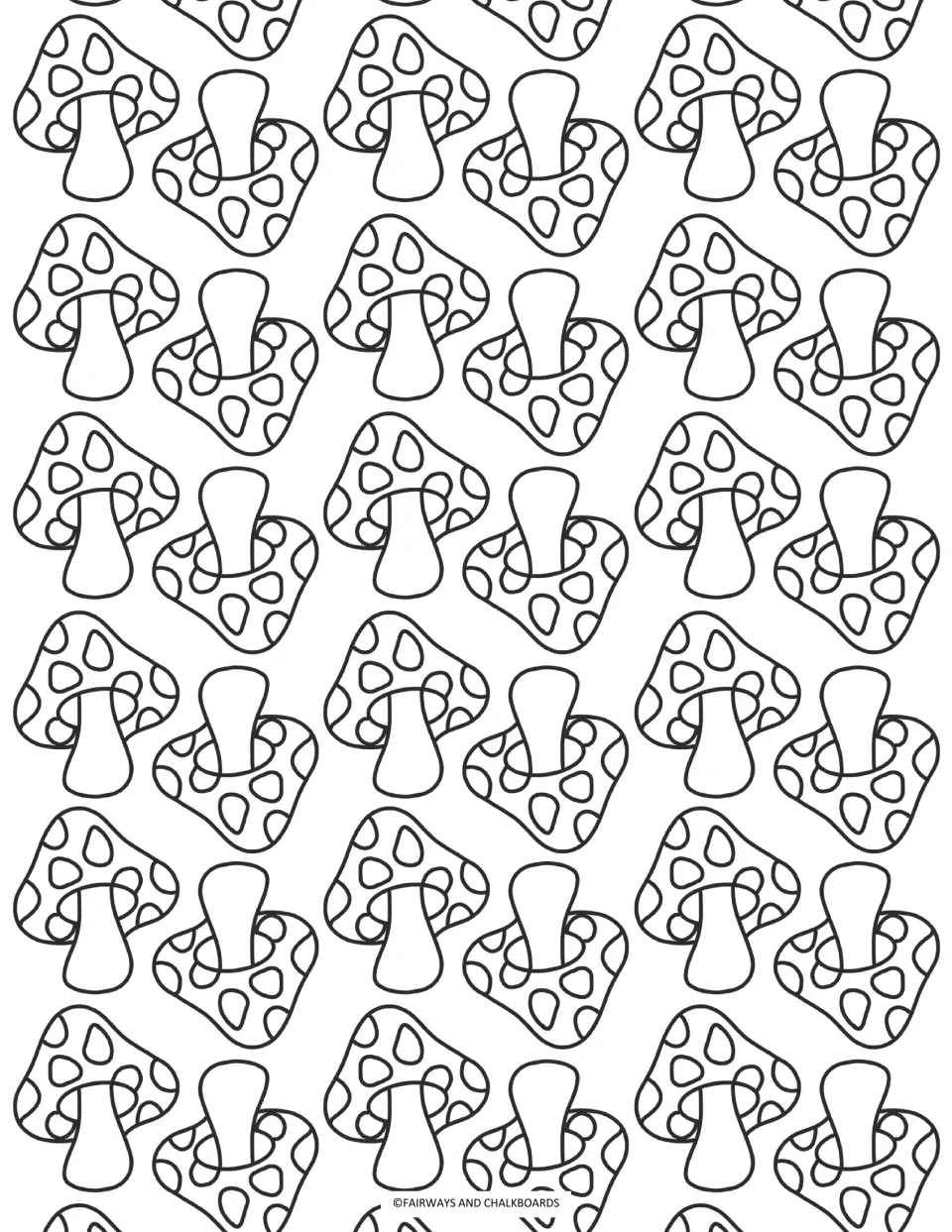 Mushrooms coloring page: students color a repeating pattern of spotted toadstools, some upright and some tilted