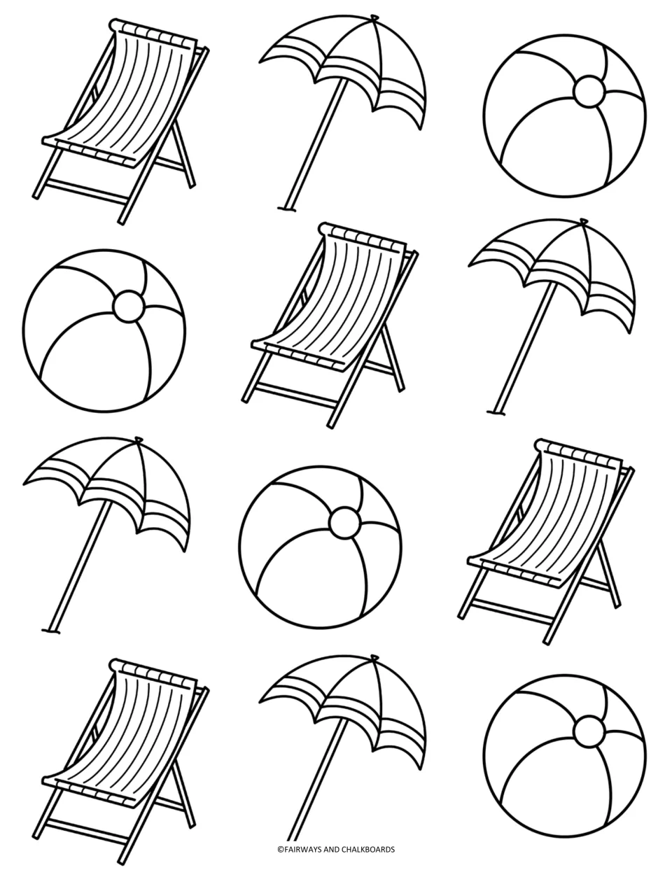 Beach day coloring page: students color repeating outlines of striped deck chairs, umbrellas and beach balls