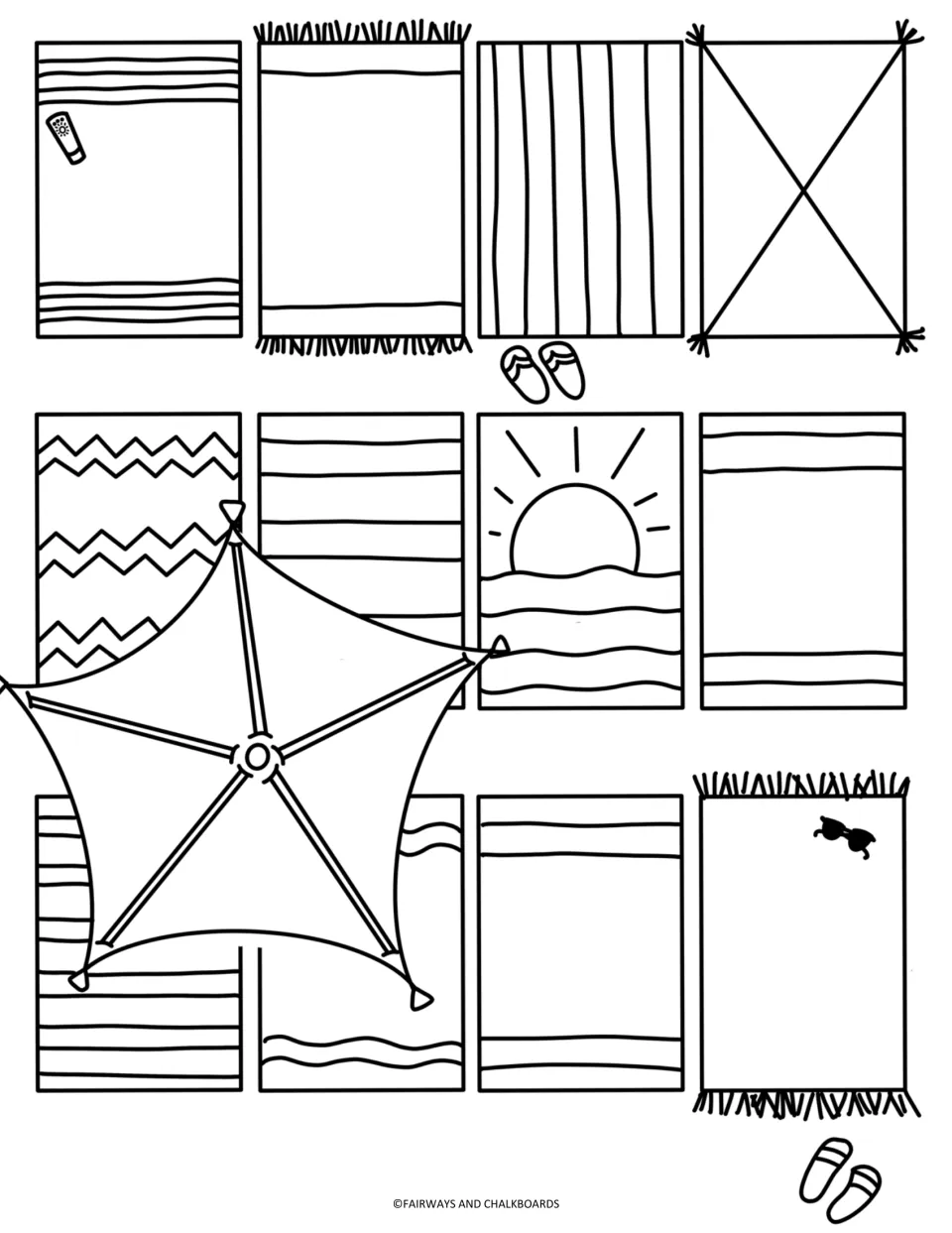 Beach towels from above: students color towels with a sunset, zigzags and stripes, plus an umbrella and flip-flops