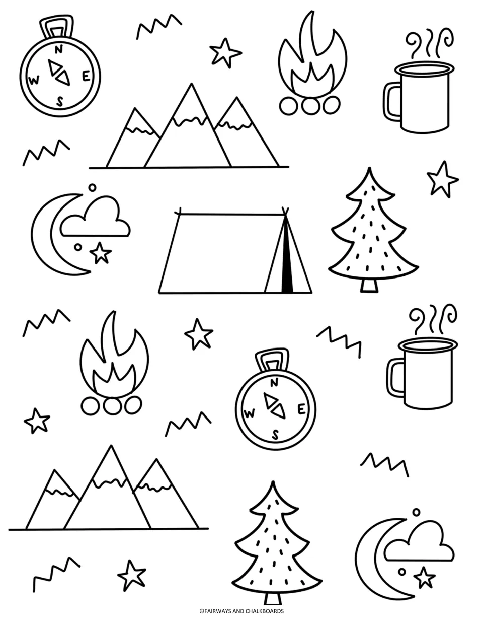 Camping doodles to color: tents, campfires, compasses, mountains, pine trees, steaming mugs, crescent moons and stars