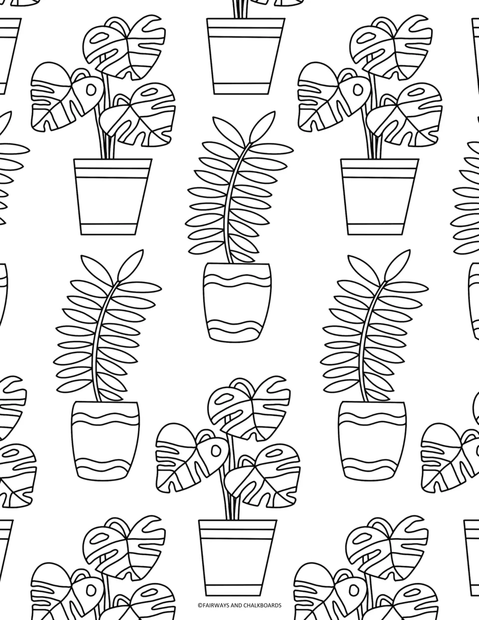 Potted houseplants coloring page: students color repeating monstera and fern-like plants in striped and wavy pots
