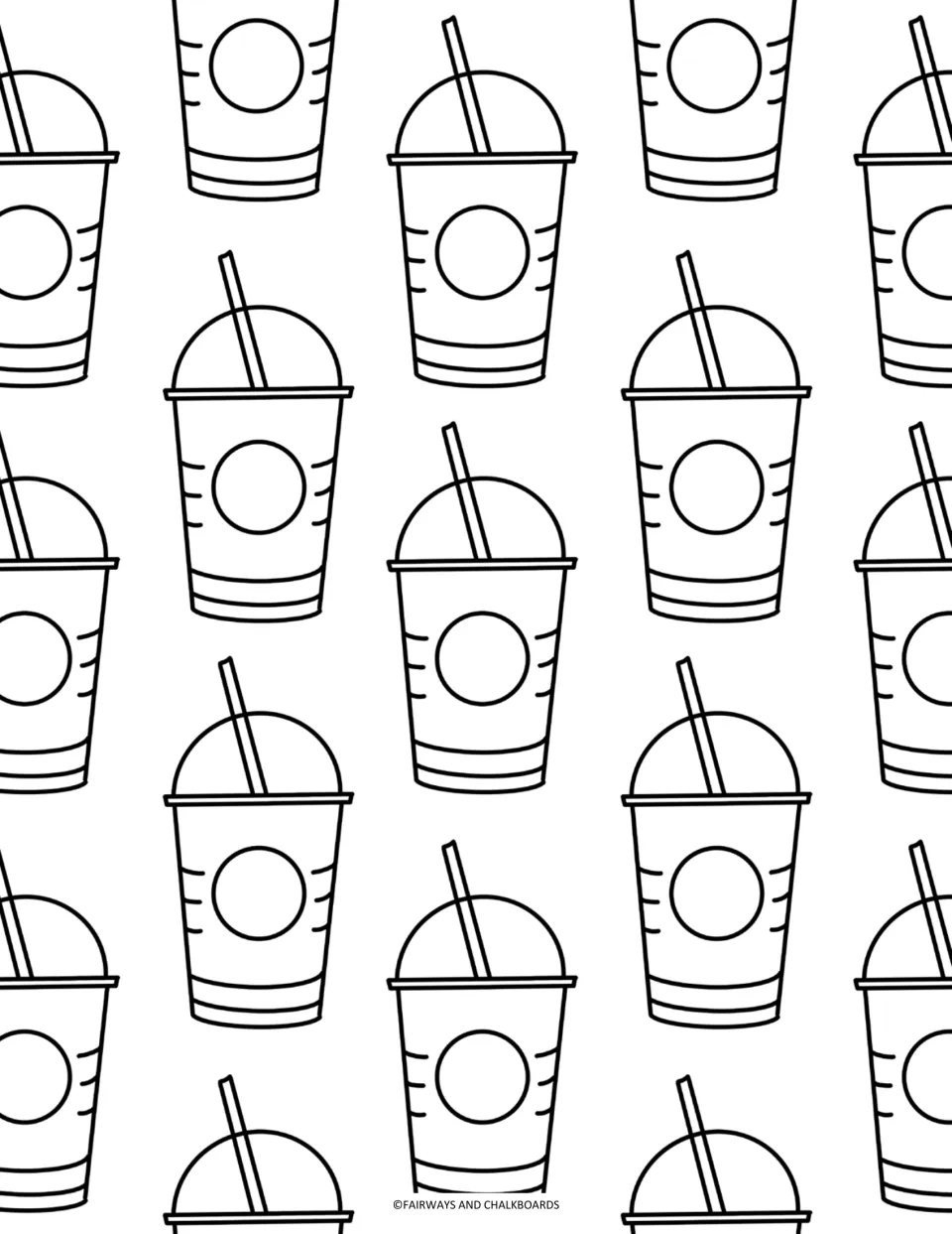 Iced drink coloring page: students color a repeating pattern of domed takeaway cups with straws and round logo spaces