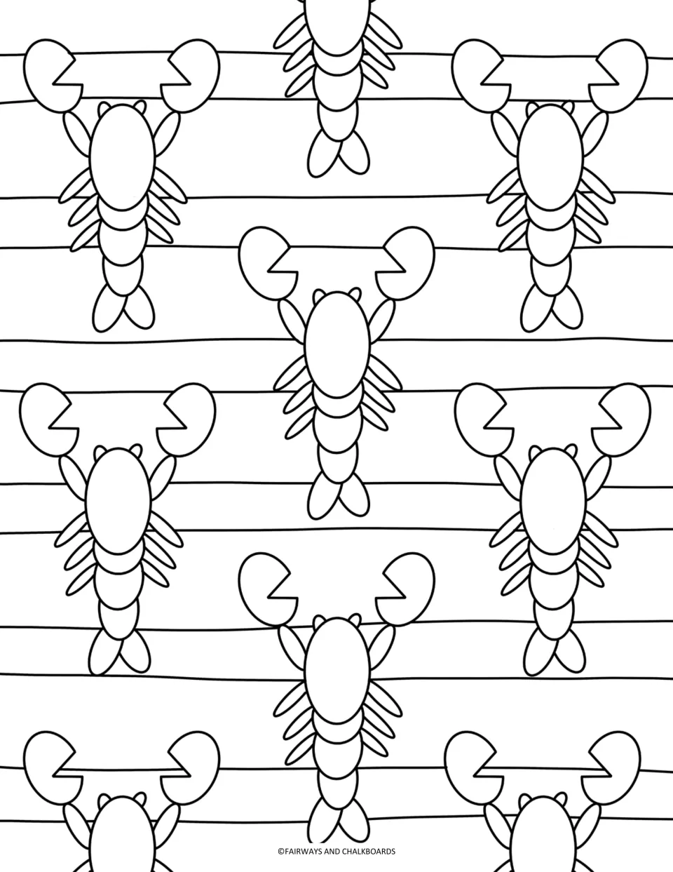 Lobster coloring page: students color rows of cartoon lobsters with raised claws set against a wavy striped background