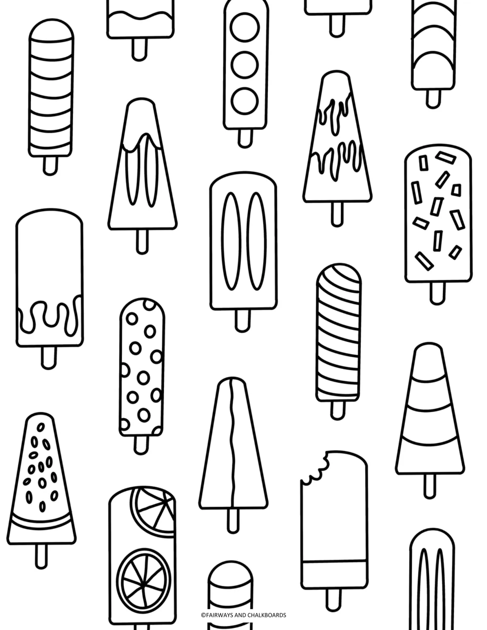 Popsicle coloring page: students color ice pops with stripes, sprinkles, drips, citrus slices, dots and a bitten top