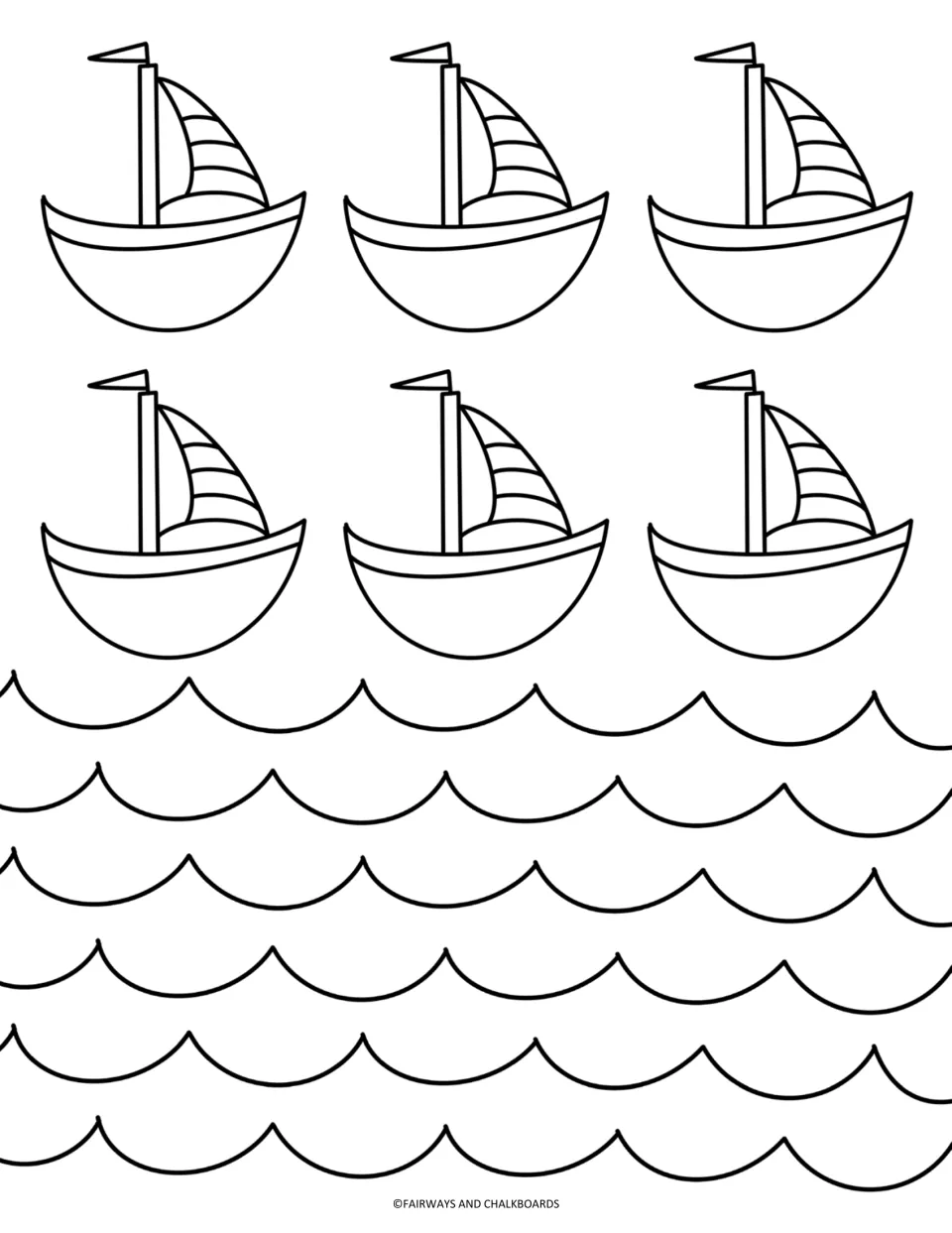 Sailboat coloring page: students color six matching sailboats with striped sails and flags above rows of scalloped waves