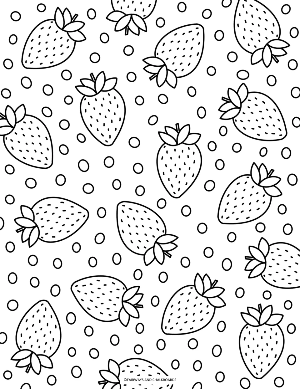 Strawberry coloring page: students color tossed strawberries with leafy tops and seed marks scattered among small circles
