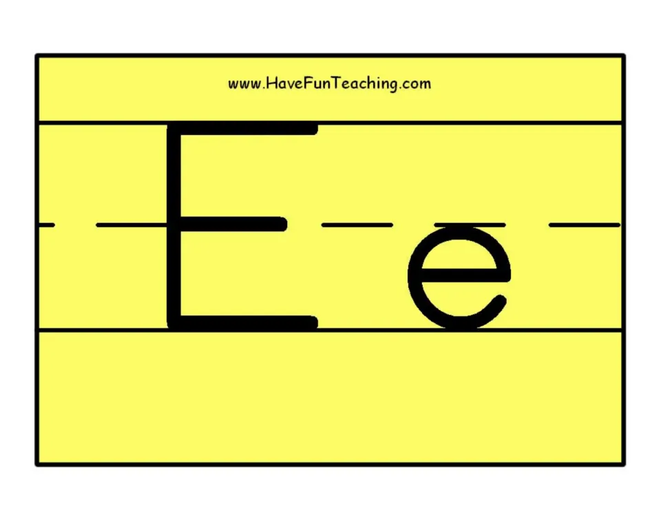 Alphabet poster 5 in the set: uppercase E and lowercase e, paired for identifying both forms of the letter.