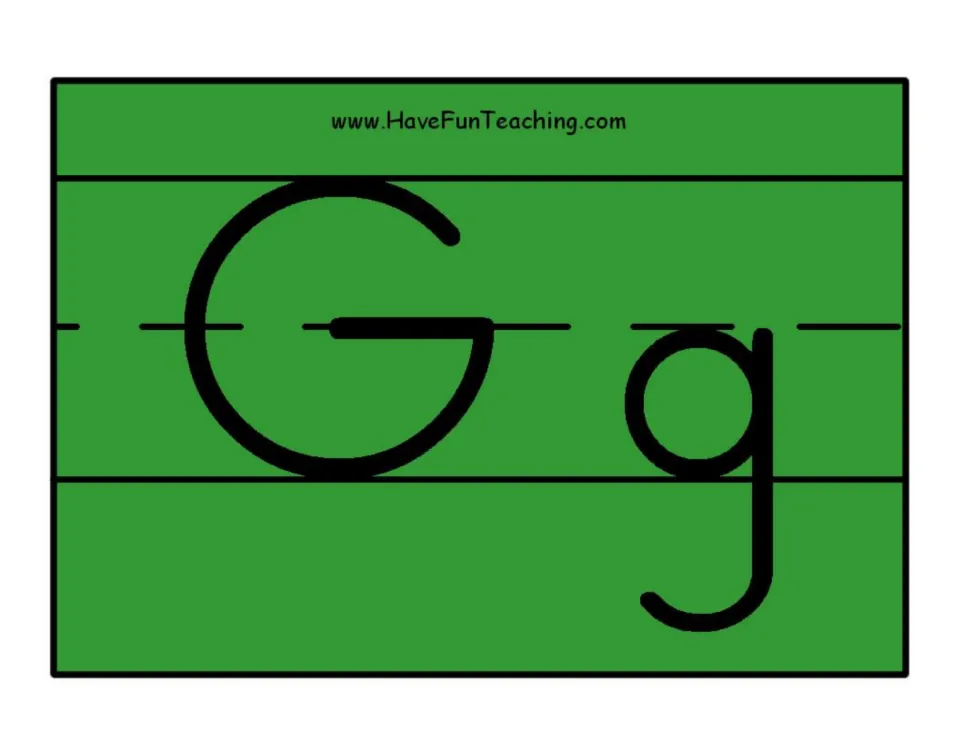 Alphabet poster 7 in the set: uppercase G and lowercase g, paired for identifying both forms of the letter.
