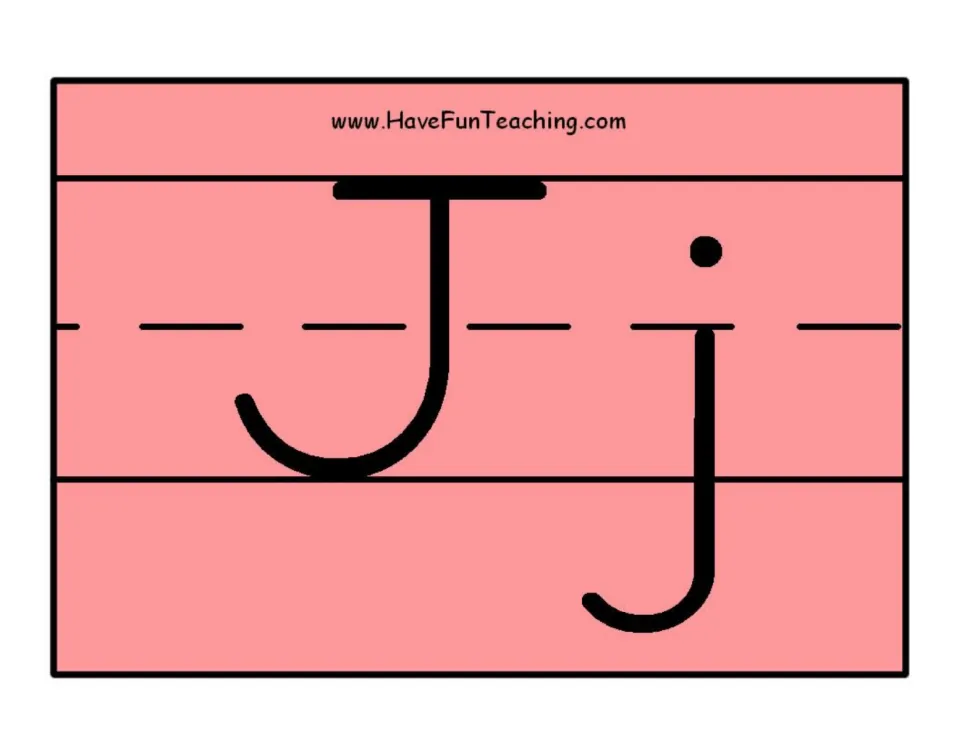 Alphabet poster 10 in the set: uppercase J and lowercase j, paired for identifying both forms of the letter.