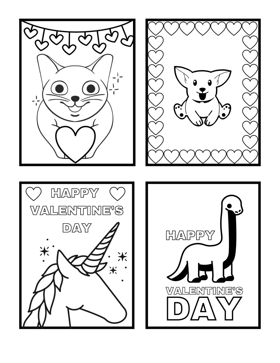 Valentine's cards to color: cat holding a heart, puppy in a heart frame, unicorn and dinosaur with Happy Valentine's Day