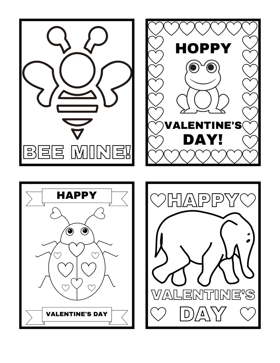 Valentine's pun cards to color: Bee Mine! bee, Hoppy Valentine's Day! frog, heart-spotted ladybug and an elephant