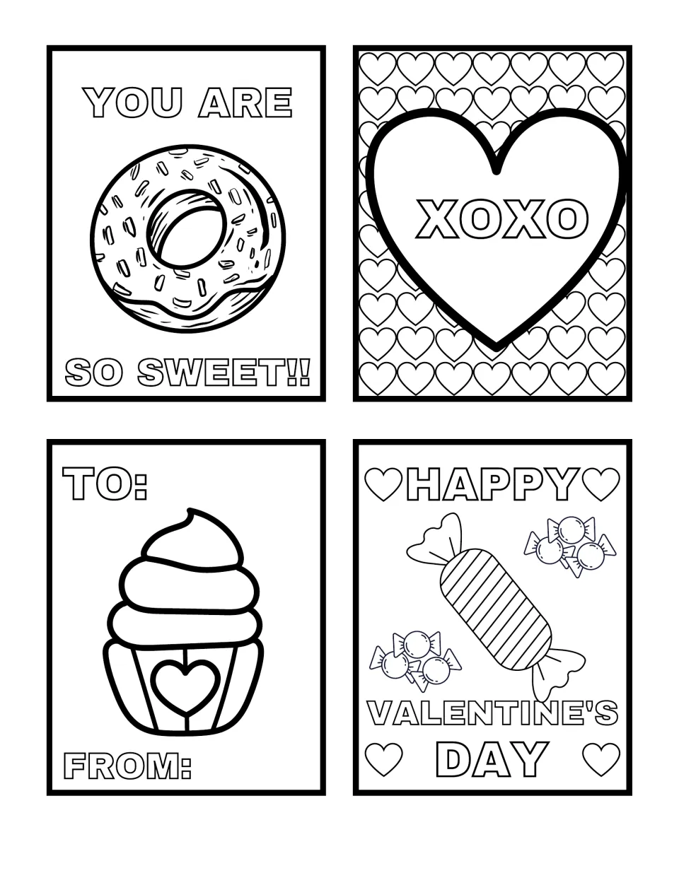 Sweet-themed Valentine's cards to color: You Are So Sweet!! donut, XOXO heart, To/From cupcake and wrapped candies