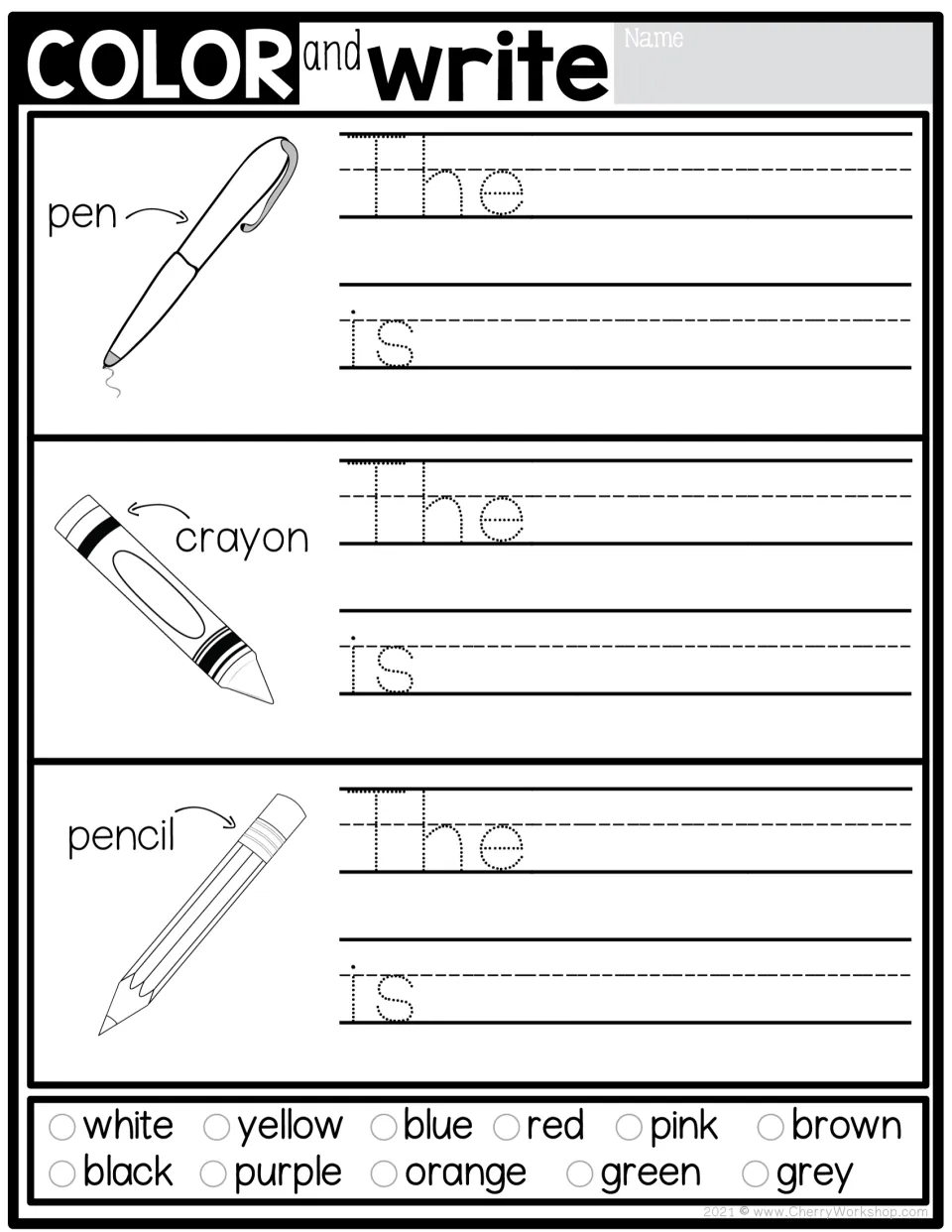 Pen, crayon and pencil to color, then write the color in 'The ... is'; word bank has white, yellow, blue and 8 more