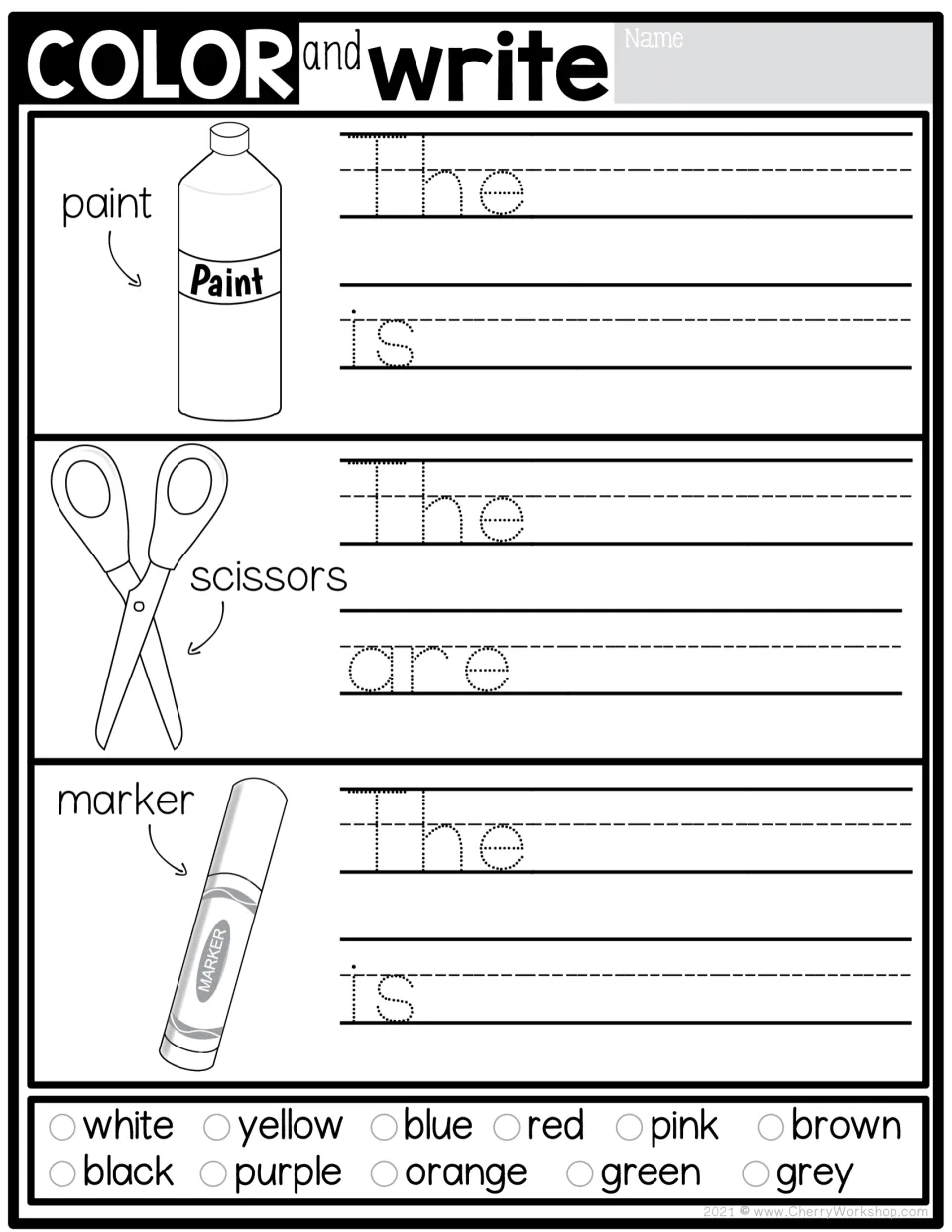 School supplies to color: paint, scissors and marker, with traced sentence starters 'The ... is' and 'The ... are'