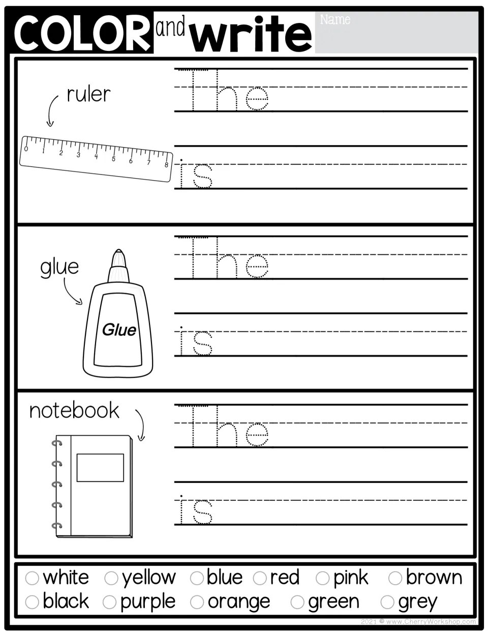 Color-word sentences for a ruler, glue and notebook, each with the traced frame 'The ... is' and a color word bank