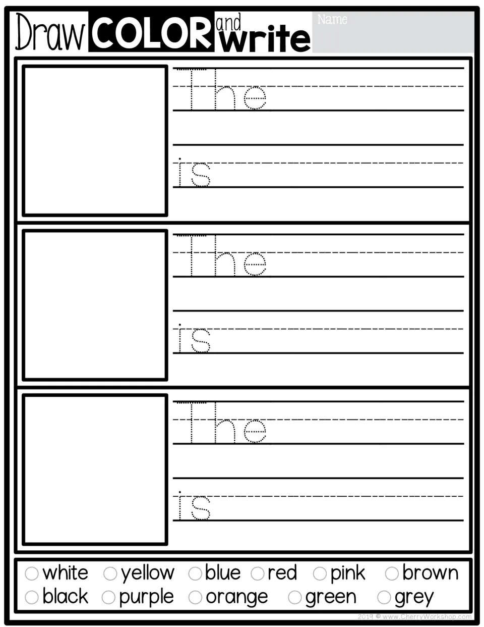 Draw, Color and Write page: three blank spaces to draw objects, each with the traced frame 'The ... is'