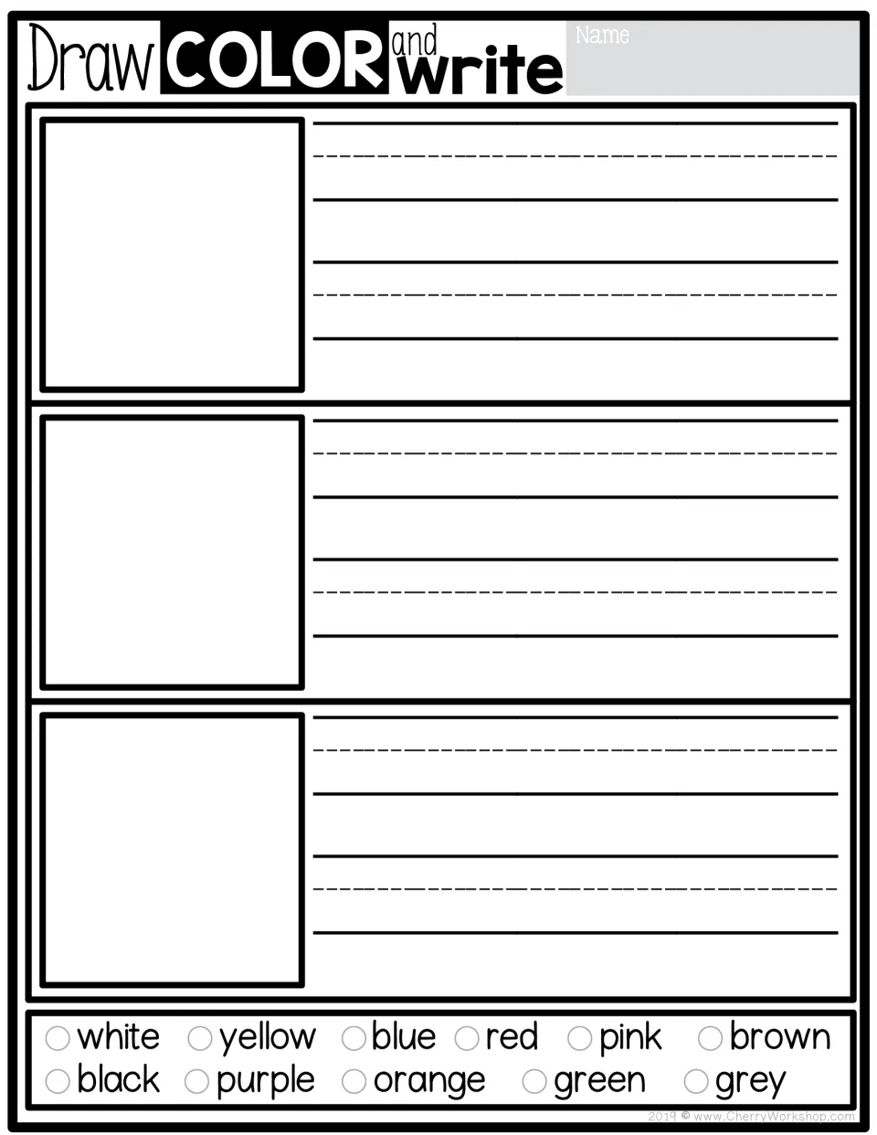 Draw, Color and Write page without starters: three drawing spaces for a student's own color sentences