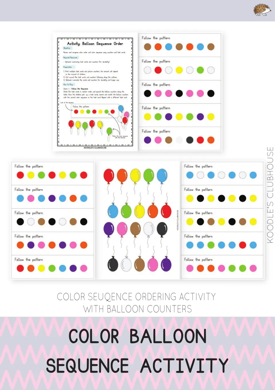 Color balloon sequence ordering activity cover showing pattern task cards, instruction sheet and balloon counters