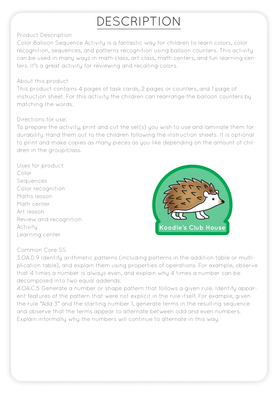 Product description listing the contents: 4 pages of task cards, 2 pages of counters and 1 instruction sheet