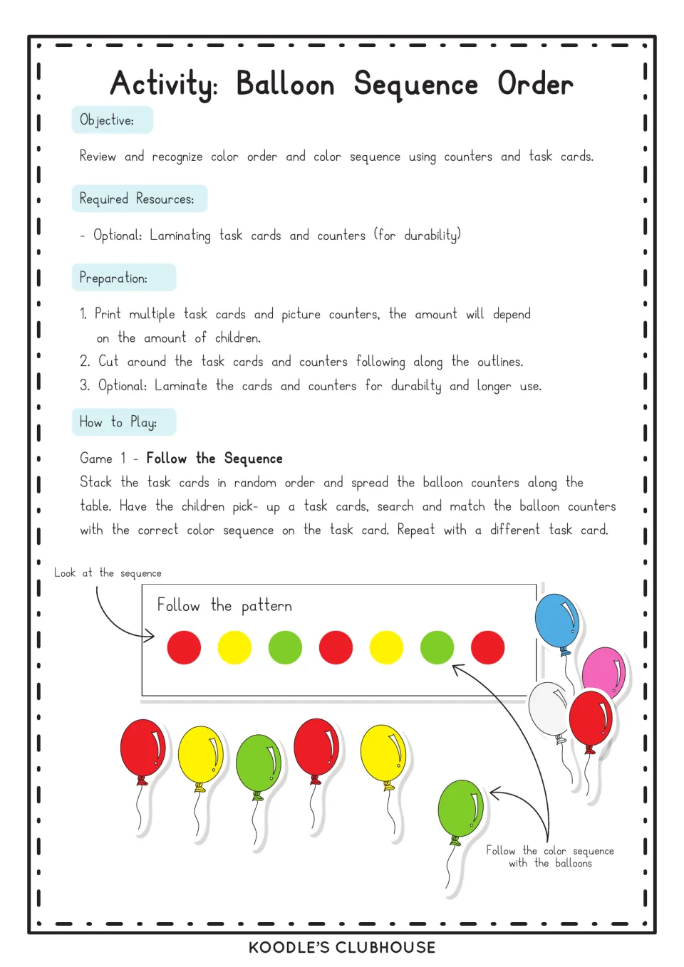 Balloon Sequence Order instructions: students match balloon counters to the color pattern on a task card