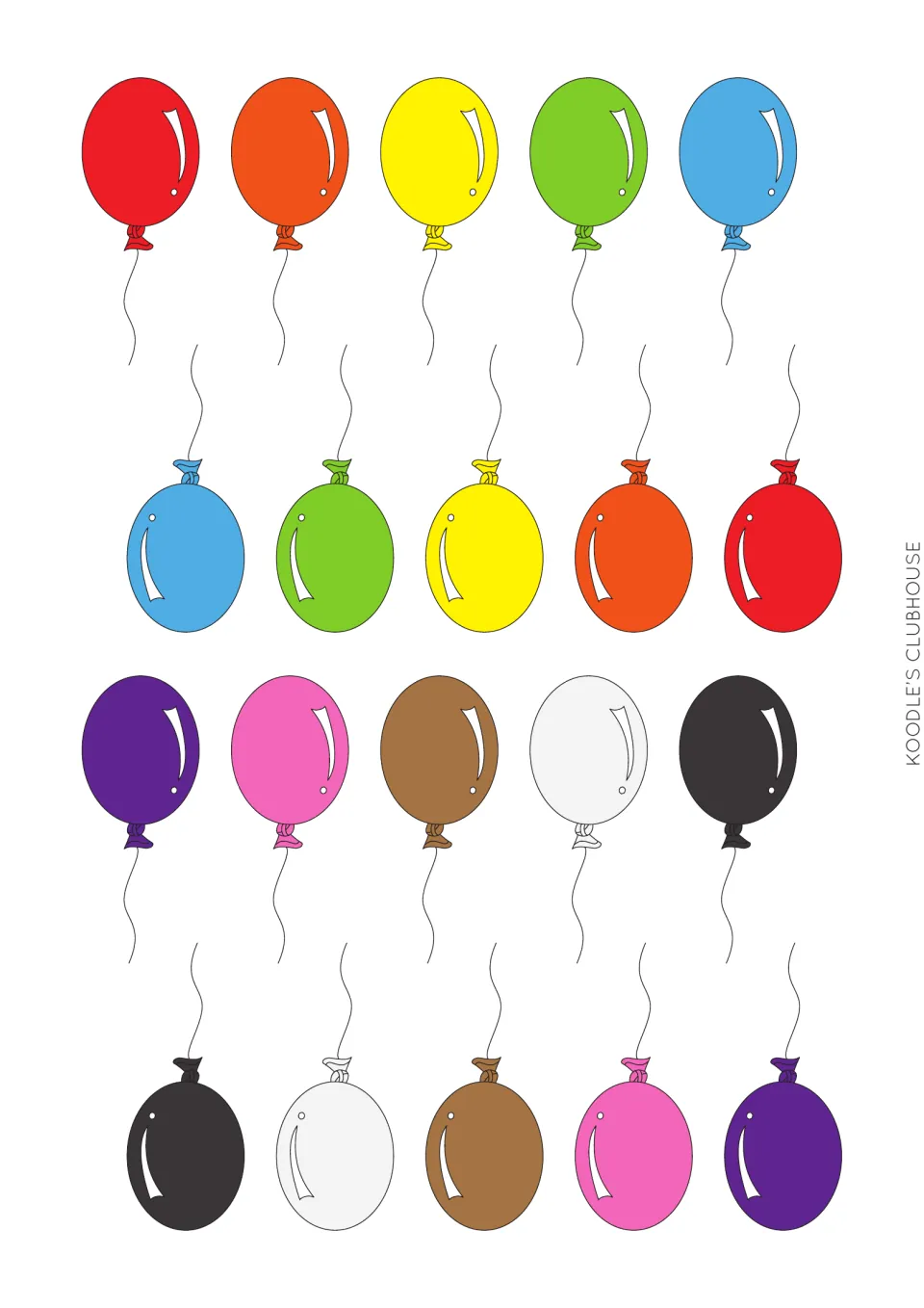 Cut-out balloon counters in red, orange, yellow, green, blue, purple, pink, brown, white and black, in four rows