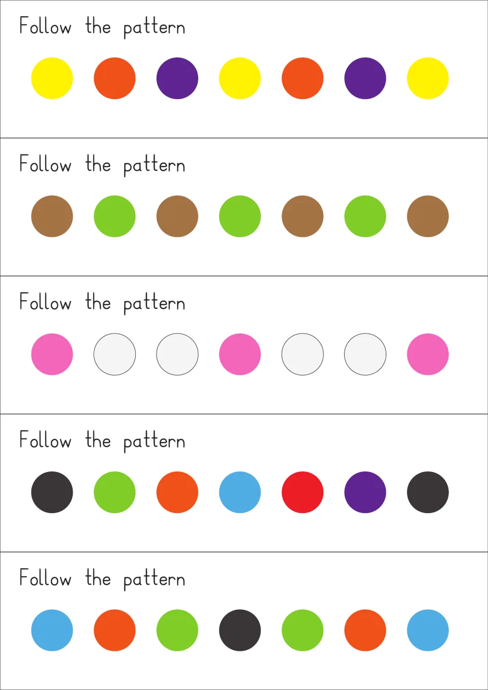 Follow the pattern task cards: students copy color sequences such as yellow, orange, purple and brown, green