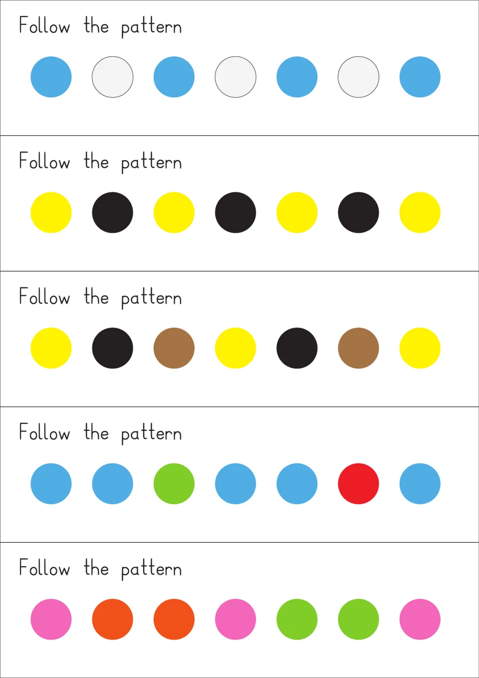 Follow the pattern task cards: students continue color sequences such as blue, white and yellow, black, brown