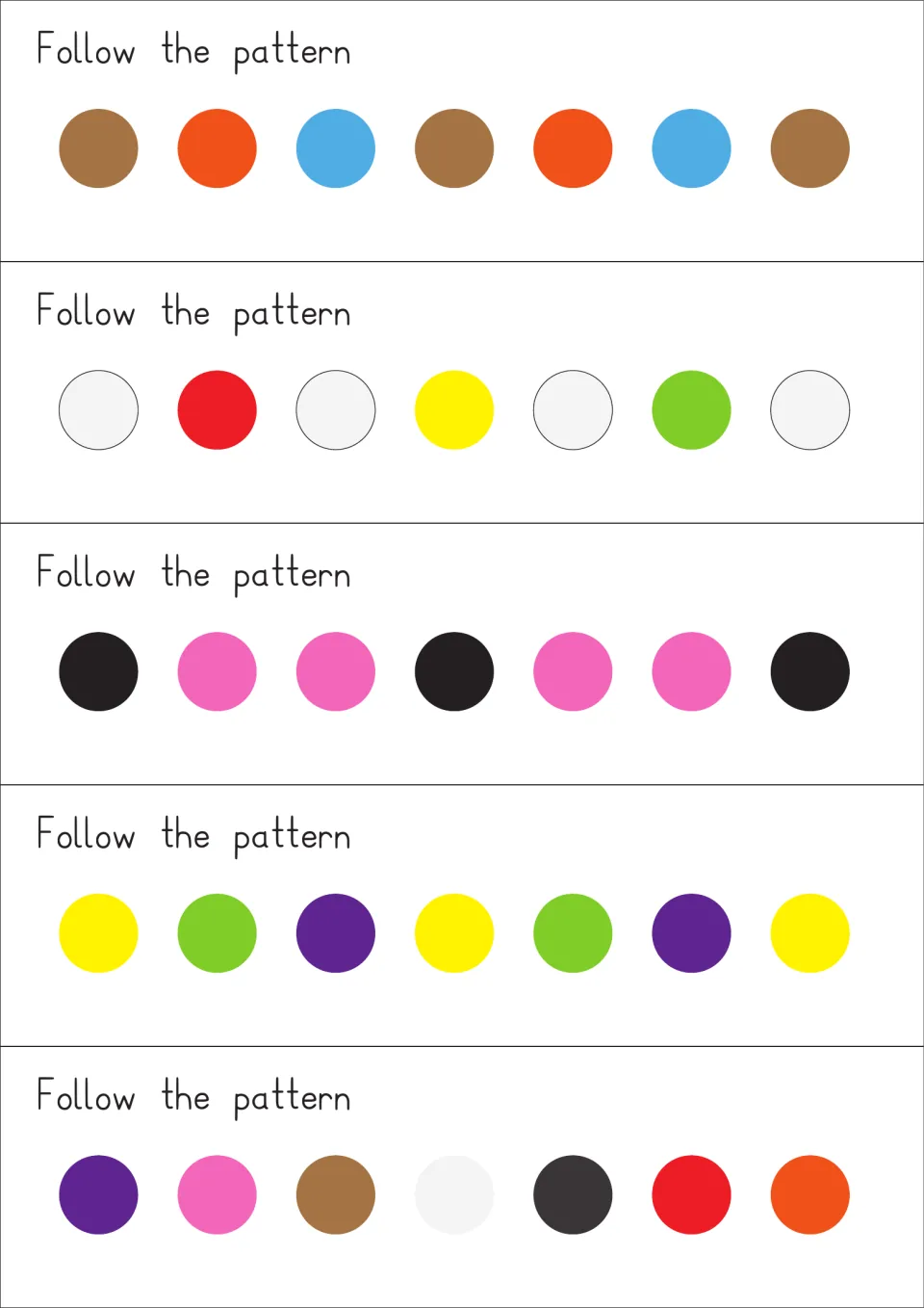 Follow the pattern task cards: students match balloons to color sequences like brown, orange, blue and black, pink, pink