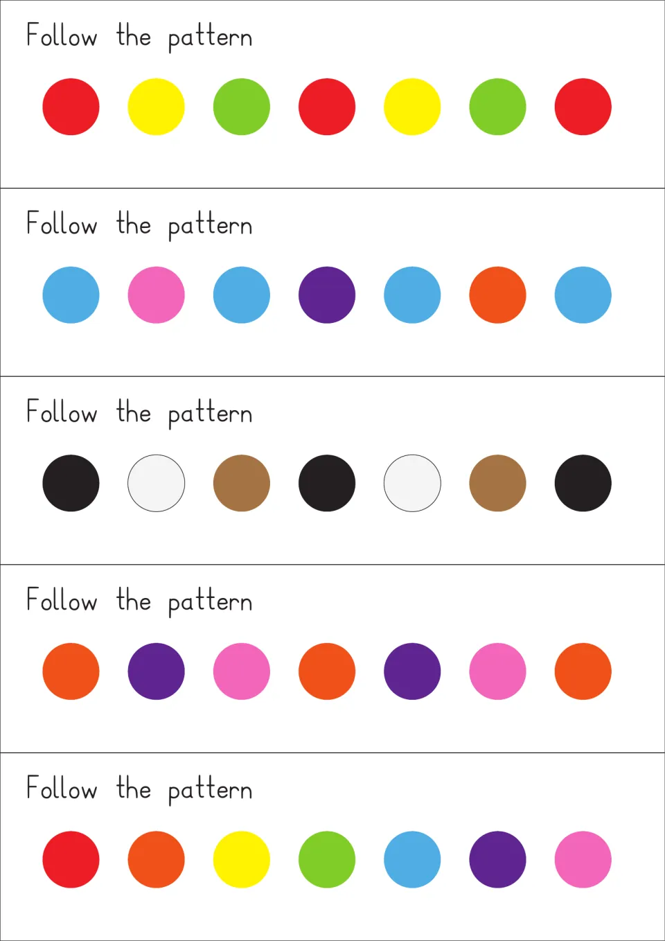 Follow the pattern task cards: students reproduce sequences like red, yellow, green and orange, purple, pink