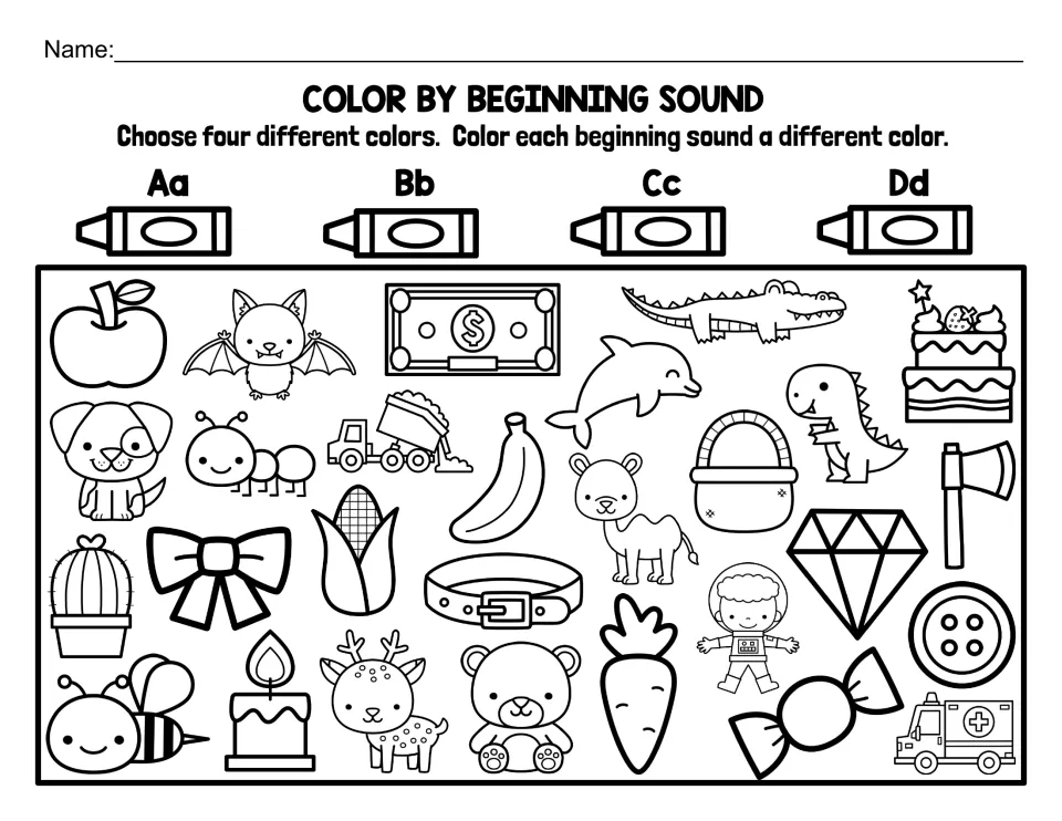 Letters A, B, C and D: students pick four colors and color apple, bat, cactus, dinosaur and more by their first sound