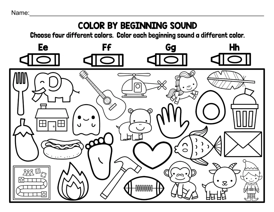 Letters E, F, G and H: students color elephant, fork, guitar, hand and other pictures one color per starting sound