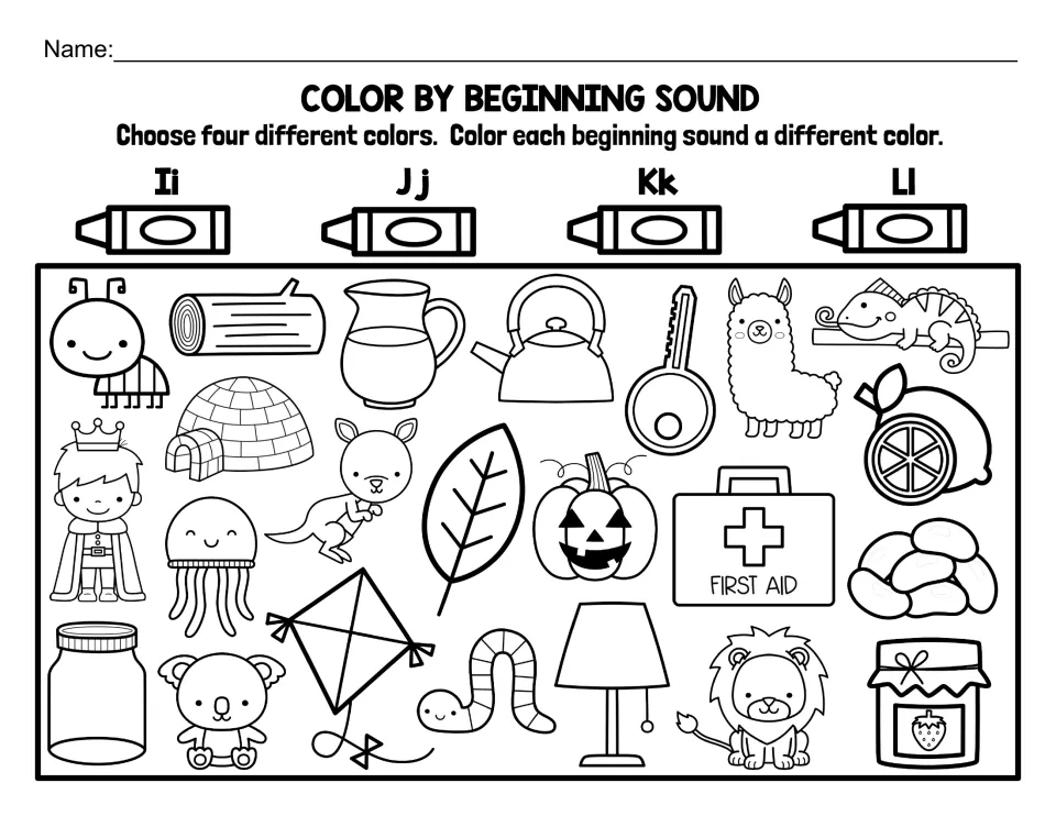 Letters I, J, K and L: students color igloo, jellyfish, kite, lion and other pictures to match each initial sound
